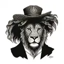 A dotwork tattoo of a lion wearing Leon Juda's signature hat and smoking a reggae themed pipe tattoo design idea
