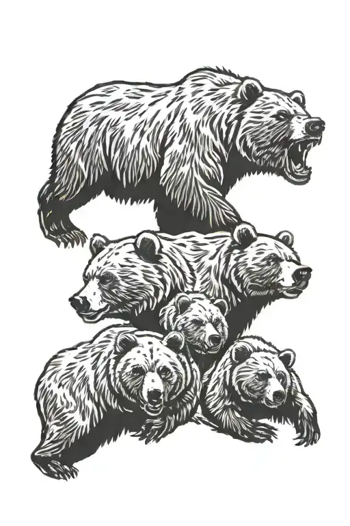 grizzly bear head above cubs playing together tattoo design idea