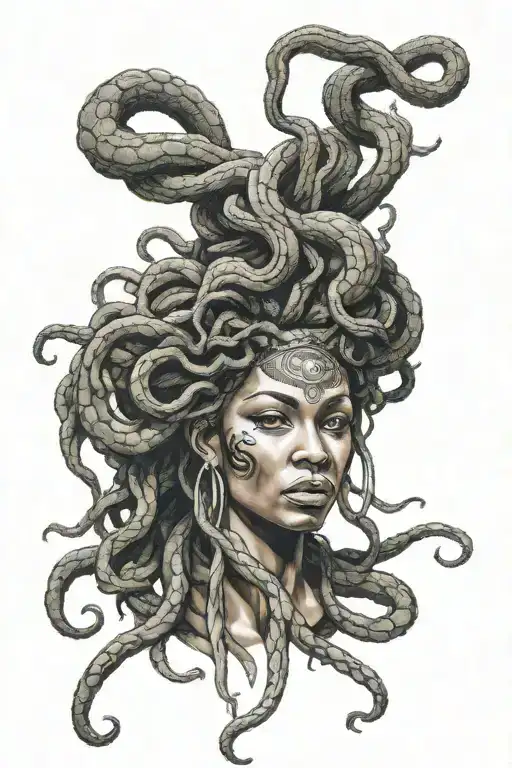 Afro-centric Medusa with dreadlocks and snake hair tattoo design idea