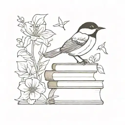 A minimalist design of a black capped chickadee perched on a stack of books with flowers and a hummingbird tattoo design idea