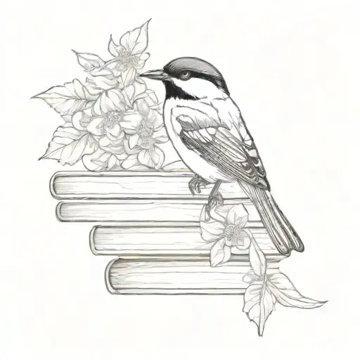A minimalist design of a black capped chickadee perched on a stack of books with flowers and a hummingbird tattoo design idea