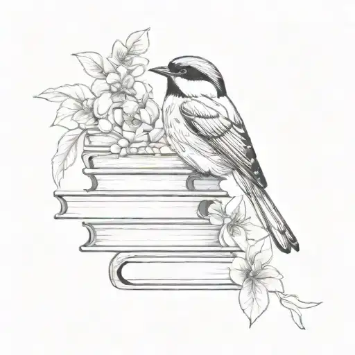 chickadee in foliage and flowers tall stack of books pages flying up a hummingbird floating  tattoo design idea