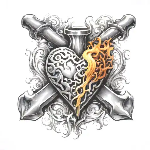 Flaming Heart and Hammer in Front tattoo design idea