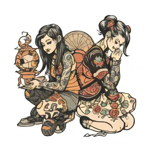 hot girl and cute girl kneeling  tattoo design idea