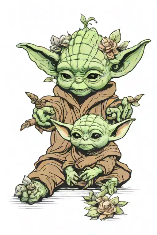 baby yoda and groot playing tattoo design idea