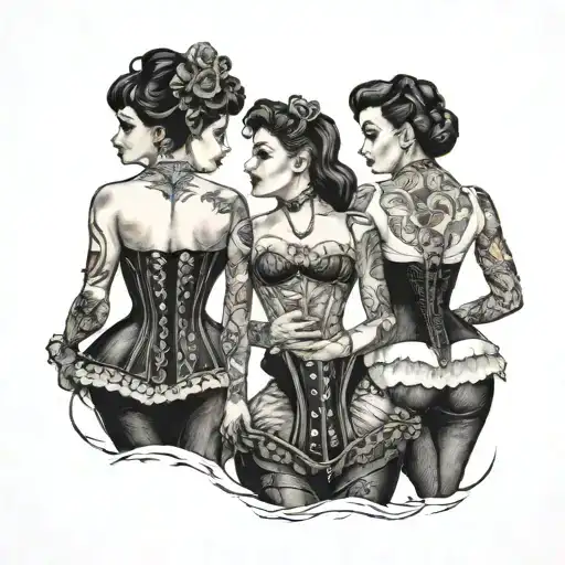 four people in corsets walking  tattoo design idea