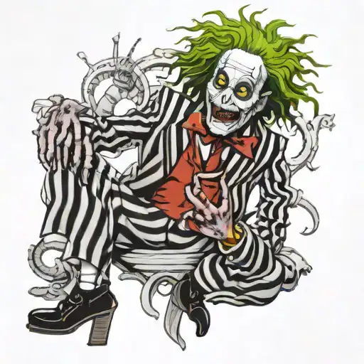 Beetlejuice surrounded by his chaotic tattoo design idea