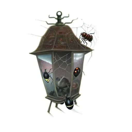 a lantern with spiders-cockroaches-ants-flies, dark-weird, the duality of life, apple,  tattoo design idea