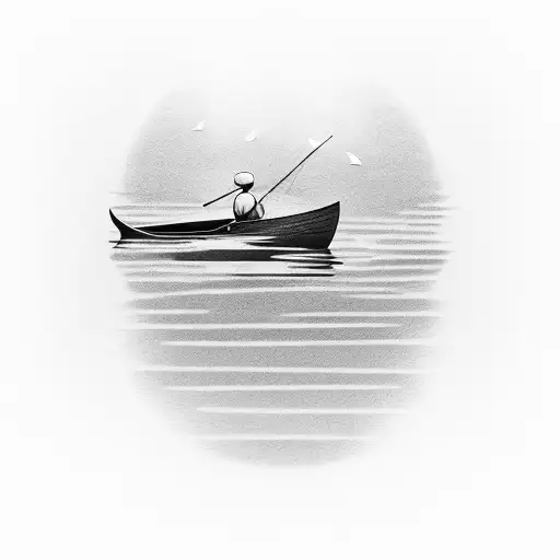 A serene lake at dawn with a lone fisherman in a boat tattoo design idea
