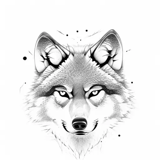 A majestic wolf standing by a rushing river in a dense forest tattoo design idea