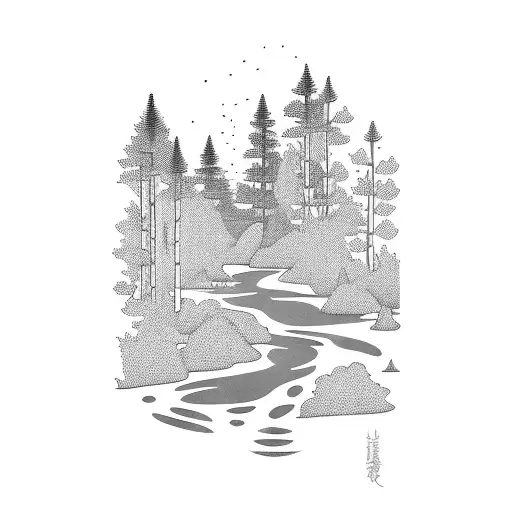 A tranquil stream surrounded by tall trees and lush vegetation tattoo design idea