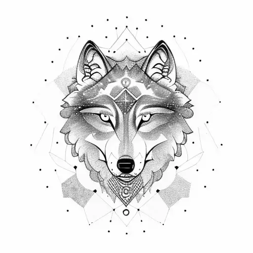 Celestial Wolf: A tattoo of a wolf with its head lifted towards the night sky, surrounded by geometric shapes and celest tattoo design idea