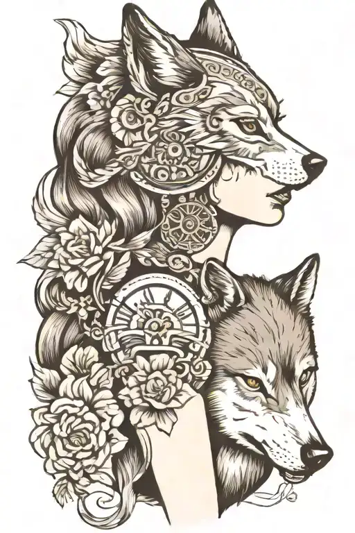 woman with a wolf in head  tattoo design idea