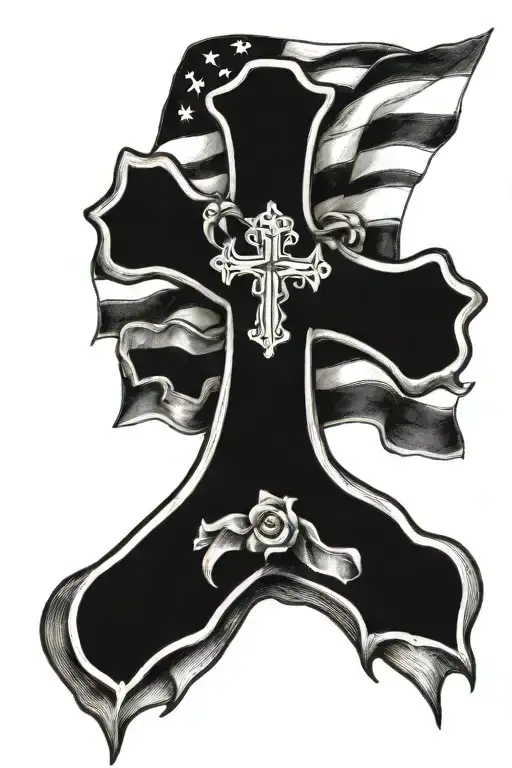 catholic cross with American flag incorporated tattoo design idea