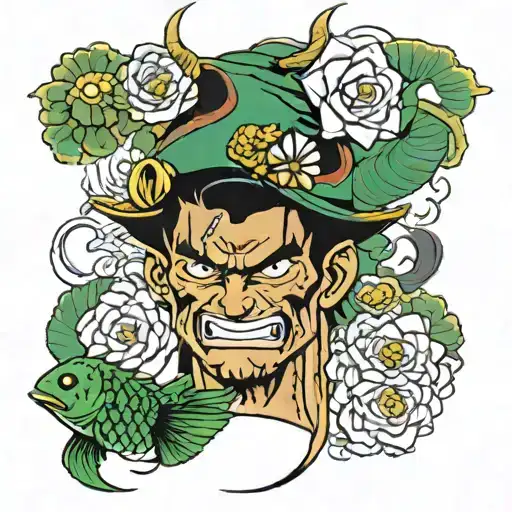 zoro one piece ,kaido fish, lotus flower growing tattoo design idea