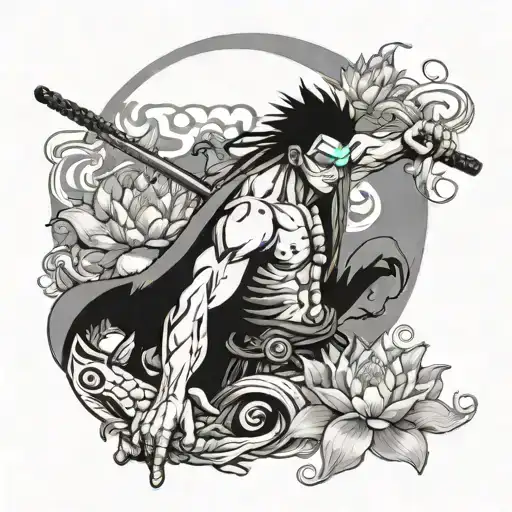 zoro one piece ,kaido fish, lotus flower growing tattoo design idea