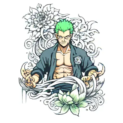 zoro one piece ,kaido fish, lotus flower , chest tattoo tattoo design idea