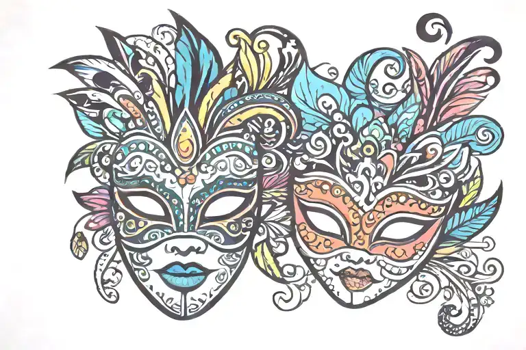 Design a Trinidad Carnival-inspired tattoo for a husband and wife, featuring vibrant masquerade masks adorned with brigh tattoo design idea
