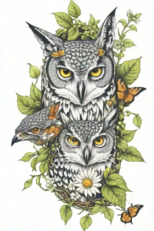 owl face; fox face; lynx face; ivy vines wrapping; small daisy flowers surrounding tattoo design idea
