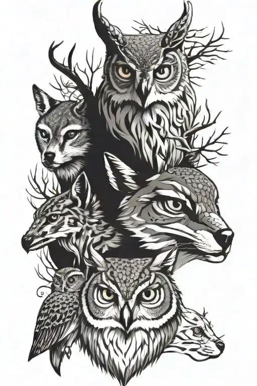 owl face, fox face, deer face, bobcat face tattoo design idea