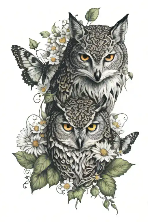 owl face, fox face, lynx face, ivy vines wrapping; small daisy flowers surrounding tattoo design idea