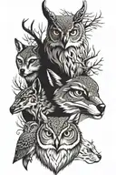 owl face, fox face, deer face, bobcat face tattoo design idea