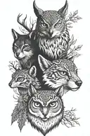 owl face, fox face, deer face, bobcat face, ivy vines surrounding tattoo design idea