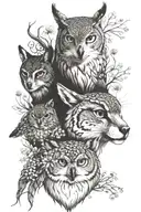 owl face; fox face; lynx face; ivy vines wrapping; small daisy flowers surrounding tattoo design idea