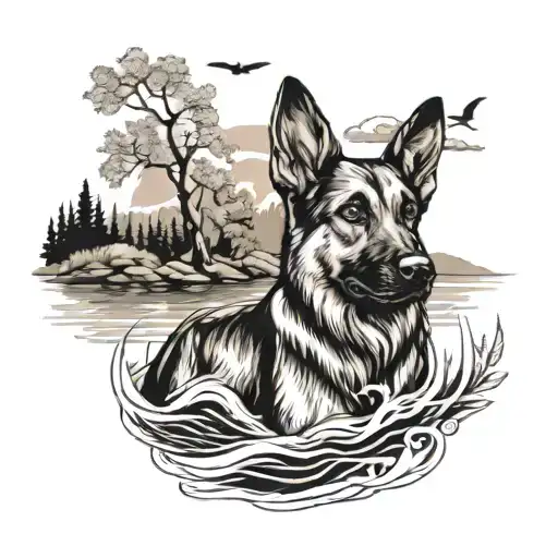 Create a tattoo of a woman and her German shepherd dog on their backs looking at a river tattoo design idea