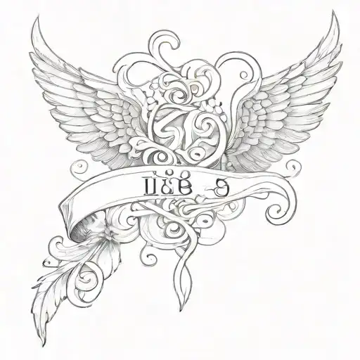 Half a Wing, ribbon, letter L, the number 58 and heart tattoo design idea