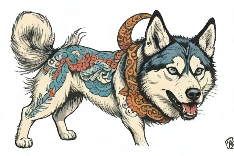 a siberian husky dog in show position His body tattoo design idea