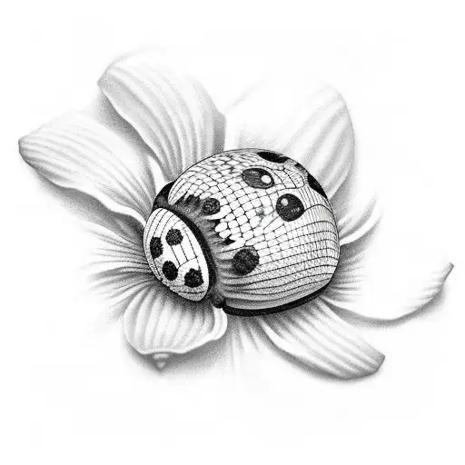 Cute black 3D ladybug, red poppy to its right, red lilly to its left. tattoo design idea