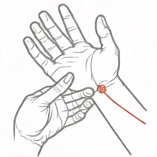 A hand and a cat's paw reach out to each other and are tied with a red thread tattoo design idea