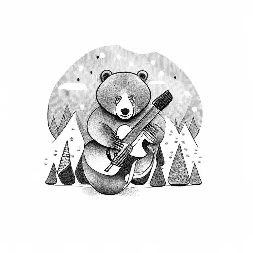 A blackwork tattoo of a bear playing a guitar amidst a lush forest backdrop tattoo design idea