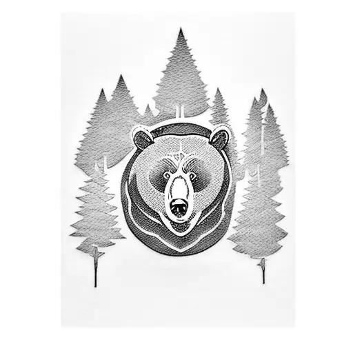 A blackwork tattoo of a bear playing a guitar amidst a lush forest backdrop tattoo design idea