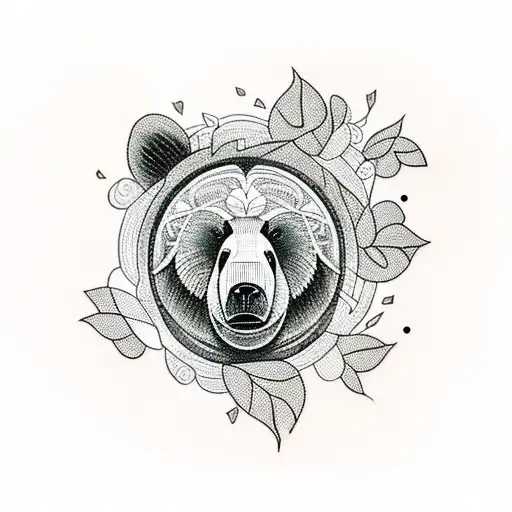A blackwork tattoo of a bear playing a guitar amidst a lush forest backdrop tattoo design idea