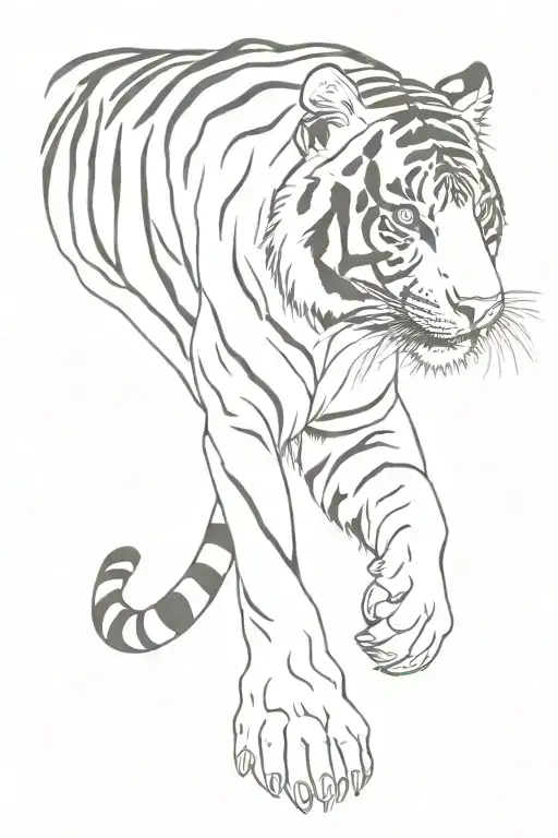 tiger nuzzling arm with eye open to predators wrapped around upper arm tail going to forearm tattoo design idea