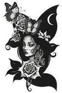 butterfly, crescent moon cross intertwined,  girl face, roses and lillies tattoo design idea
