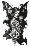 butterfly, crescent moon cross intertwined,  girl face, roses and lillies tattoo design idea