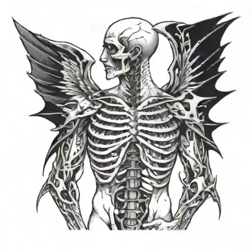 Man with dead fish eyes and his upper body is just his ribs and spinal cord exposed. he has steel type wings tattoo design idea
