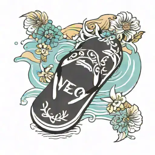 beach. flip flops, name written inside representing tattoo design idea