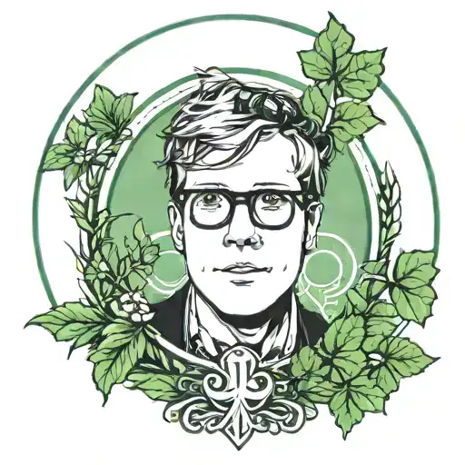 the face of patrick stump from fall out boy with a laurel wreath as frame , and style like st patrick, leprechaunt  tattoo design idea