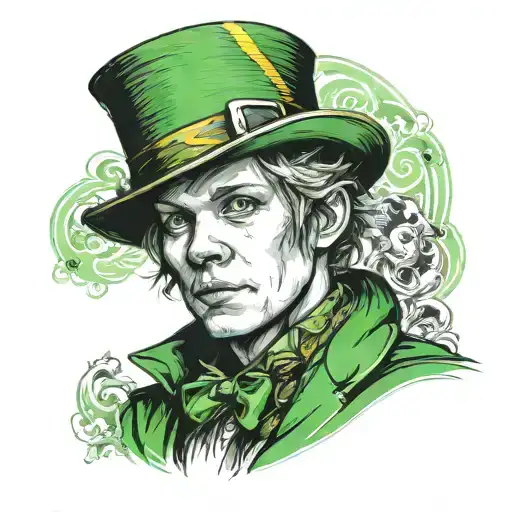 face of patrick stump , singer of fall out boy, with leprechaunt (st patrick) clothes and style looking to the front tattoo design idea