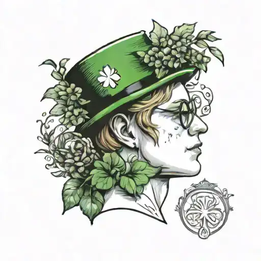 the face of patrick stump from fall out boy with a laurel wreath as frame , and style like st patrick, leprechaunt  tattoo design idea