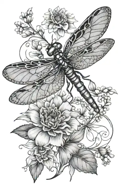 fine line dragonfly with birth month flowers for may, December and July tattoo design idea