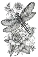 fine line dragonfly with birth month flowers for may, December and July tattoo design idea