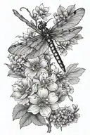 fine line dragonfly with birth month flowers for may, December and July tattoo design idea