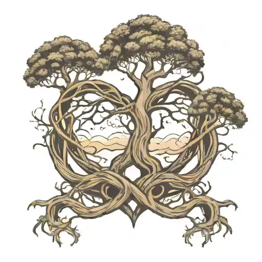 A minimalist infinity symbol intertwining with a tree, roots growing into a heart, and branches reaching up to stars tattoo design idea