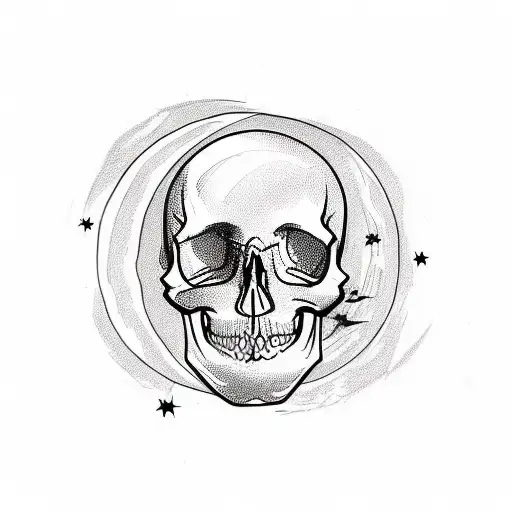 a sketch of a tatoo of a skull placed infront of a cresent moon, sketches of stars can be seen in the background. nothin tattoo design idea