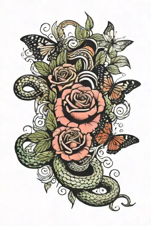 roses and butterflies and snakes tattoo design idea